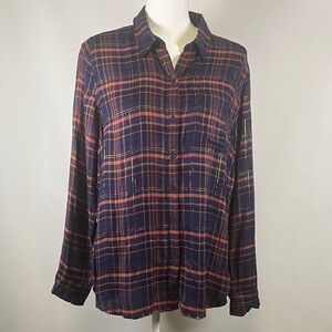 Lucky Brand Plaid Button Up Shirt Women's M Lightweight Long Sleeve Split Hem